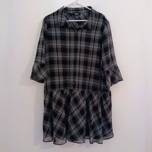 DKNY women's dress size 16 black white plaid drop waist 3/4 length sleeves